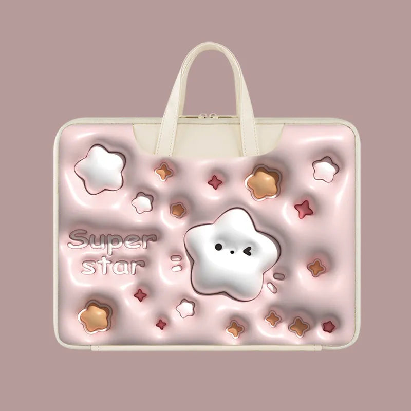Inflatable laptop bag with hanging loop in PU leather showing cat beige design