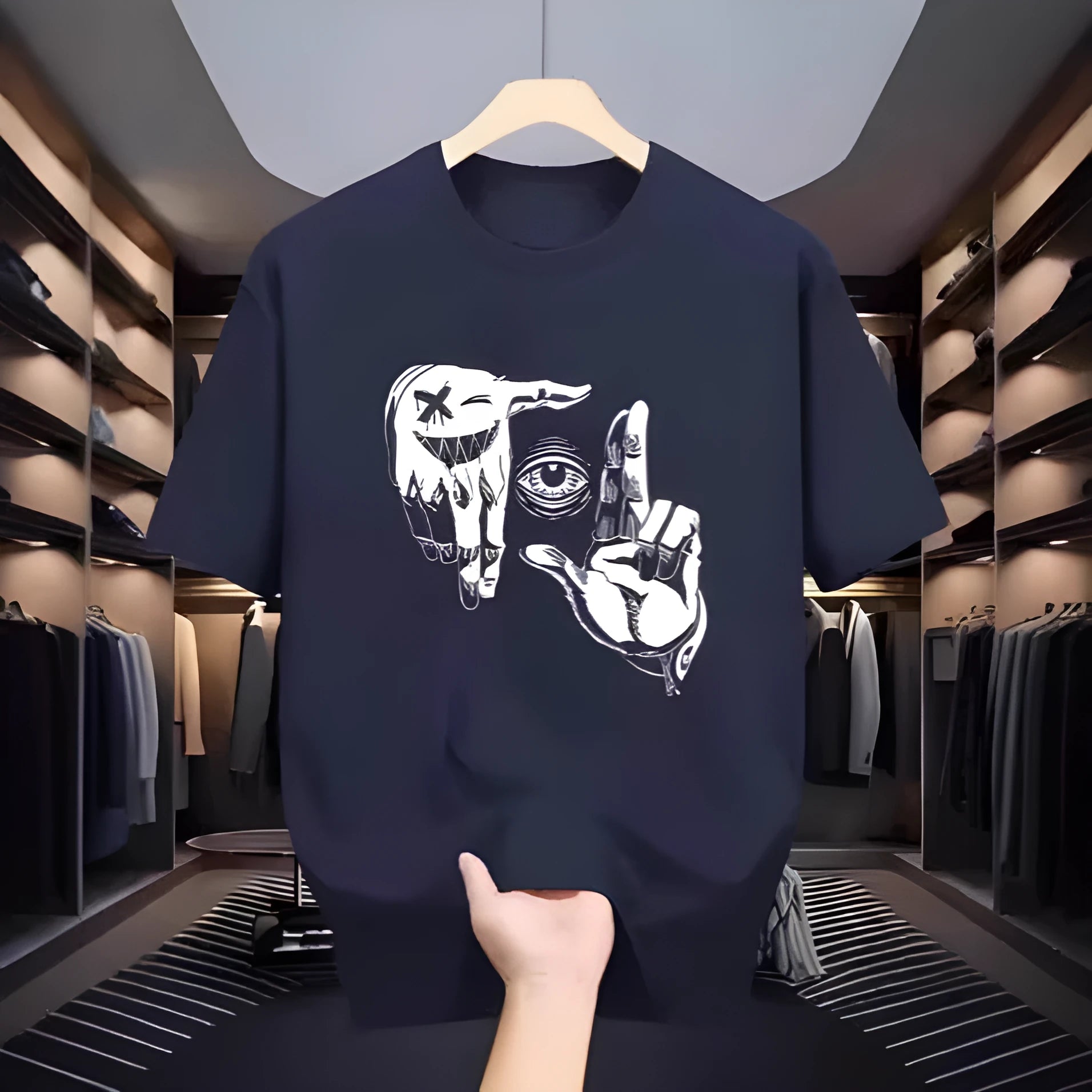 Men's grey mesh t-shirt with a cartoon digital print on the front, showing round neck and short sleeves.