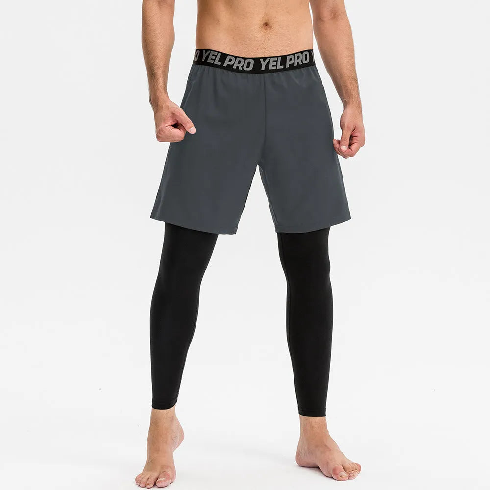 Men's grey quick-drying high-elasticity fitness tights for running and gym workouts