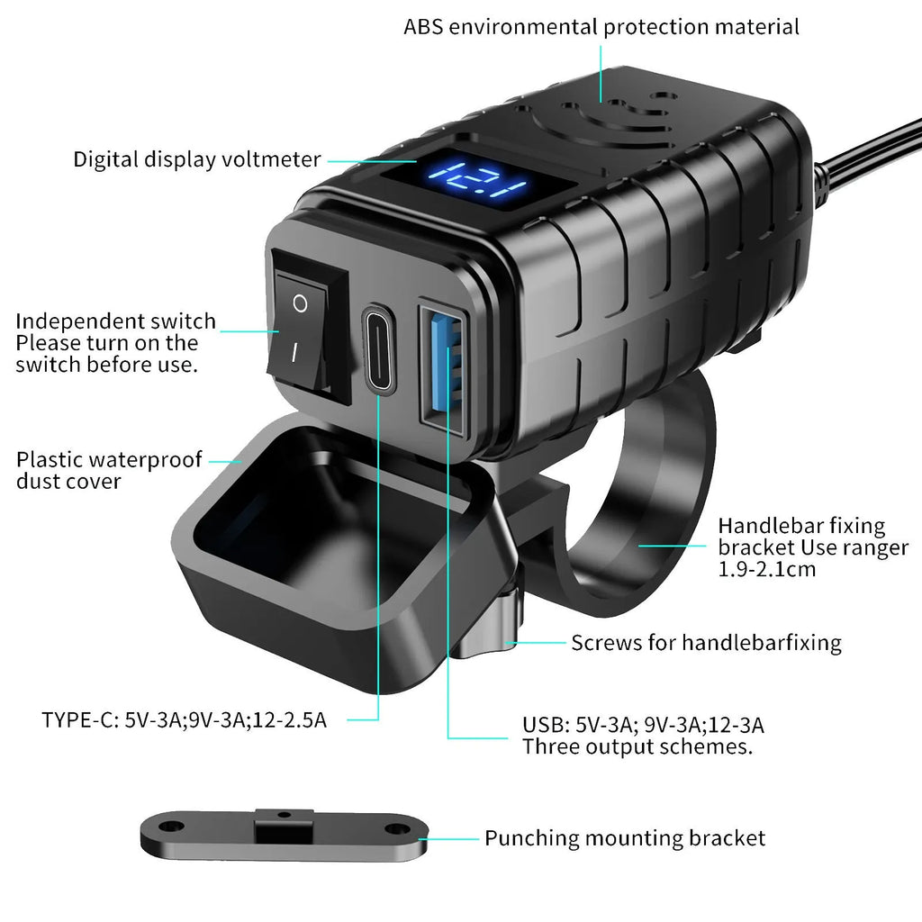Motorcycle phone charger with waterproof digital display, blue screen, and 150cm cable.