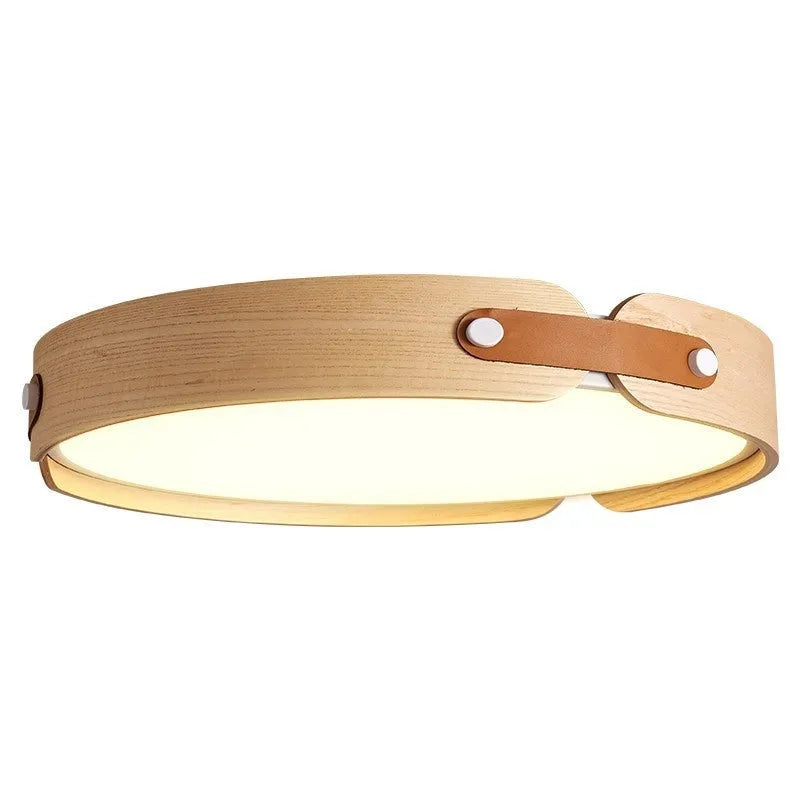 Japanese-style wooden ceiling lamp with a white PMMA shade, shown in a warm light setting.