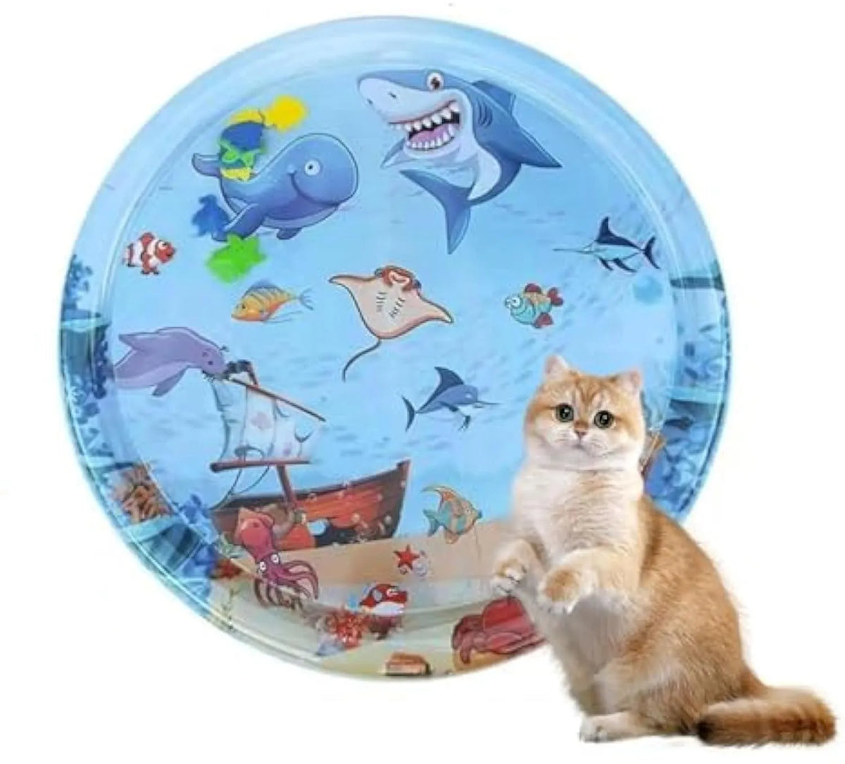 Blue cat water sensory playmat with ocean fish toys floating in water, 90cm diameter circular design