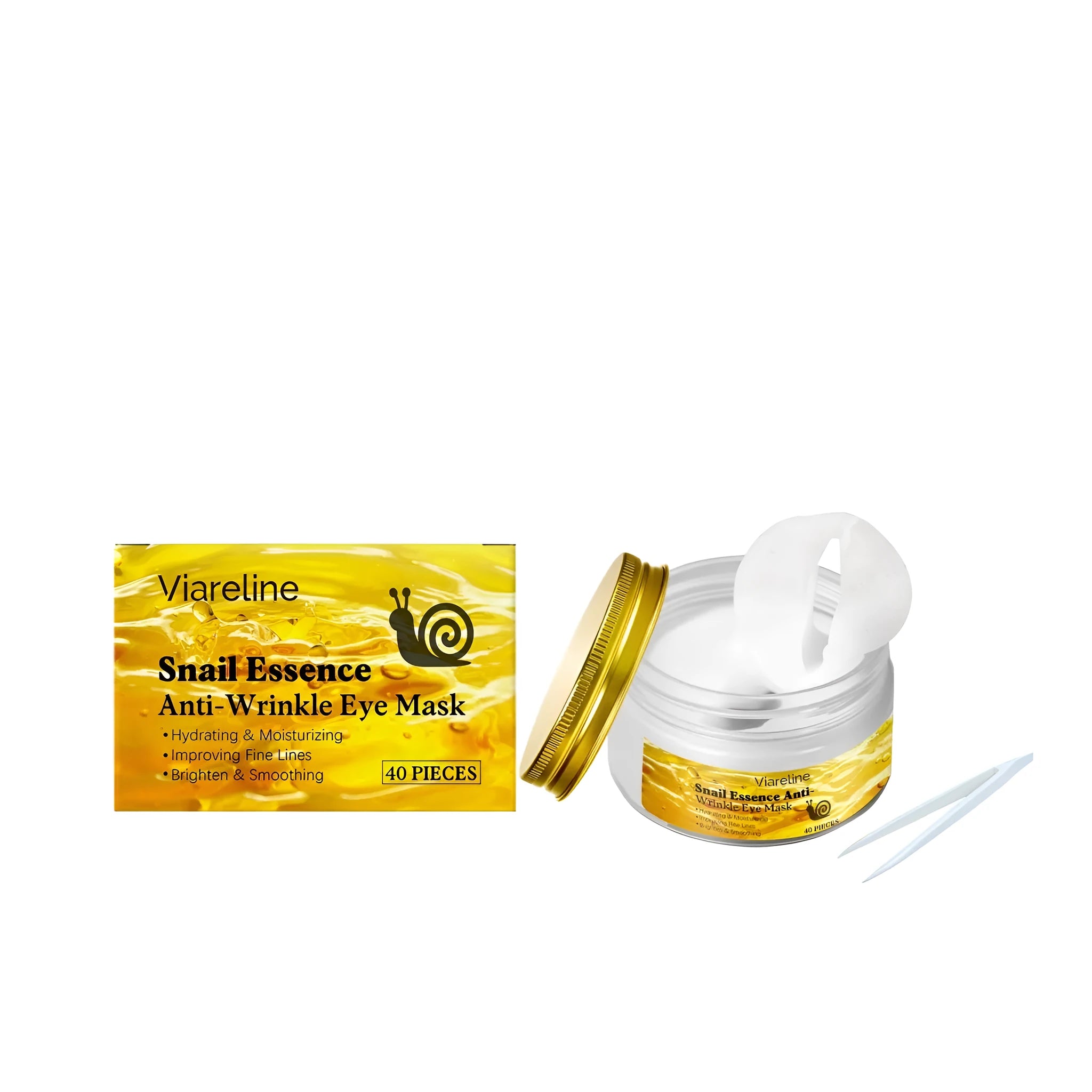 A pack of 40 Snail Light Wrinkle Eye sheet masks with a pair of application tweezers.