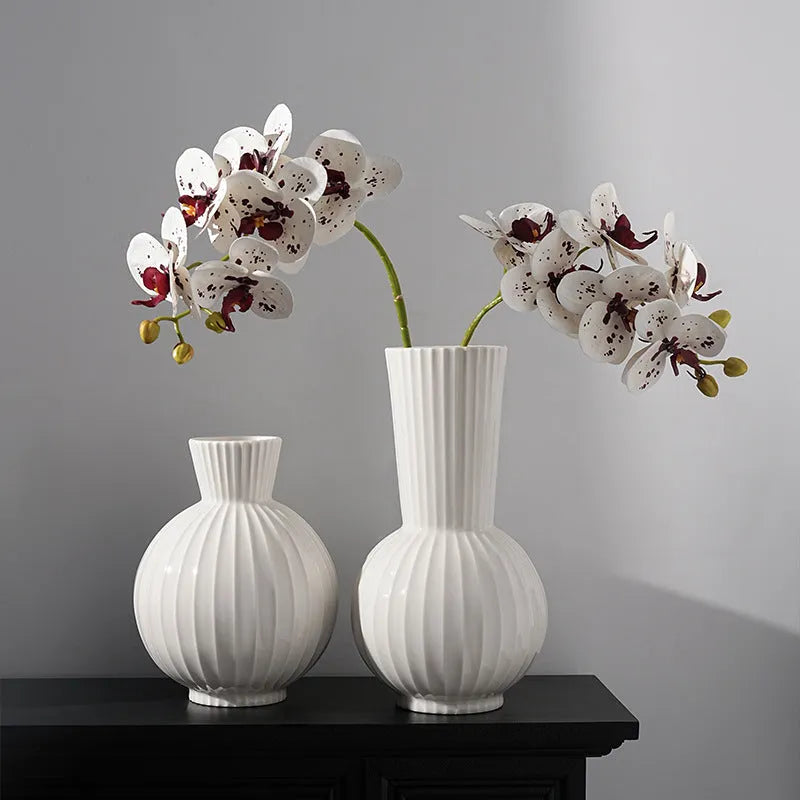 White ceramic ball vase with hand-painted blue stripes, American country style, 30cm height