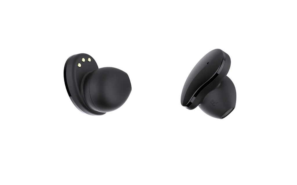 Black Bluetooth headset with detachable smart bracelet showing colour screen, earbuds, and charging cable