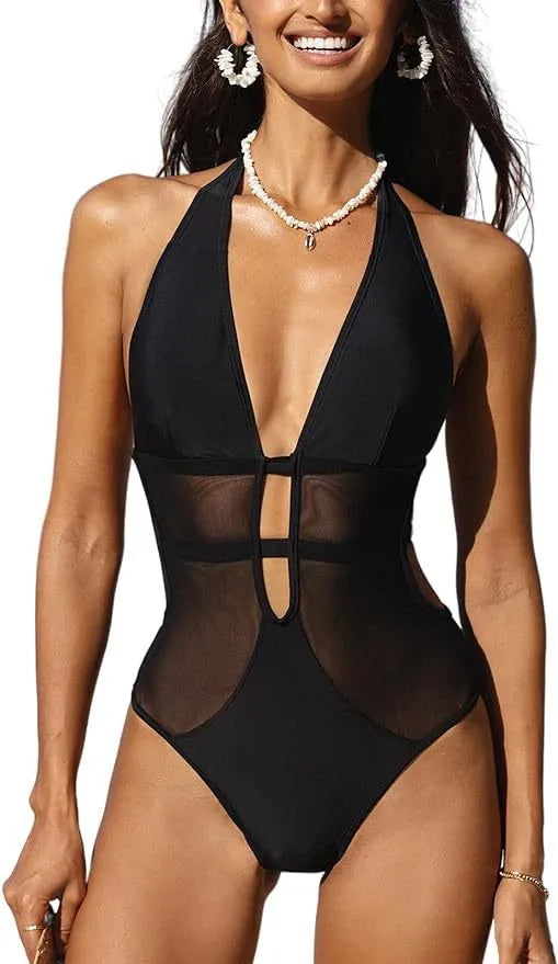 Black women's V-neck one-piece swimsuit with mesh hanging neck detail