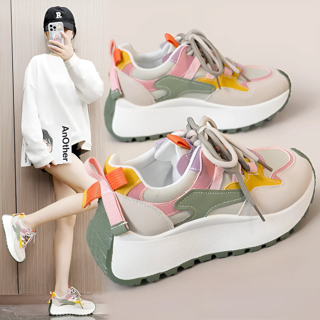 Women's green and red dad shoes with raised rubber sole, synthetic leather upper, round toe and front lace-up