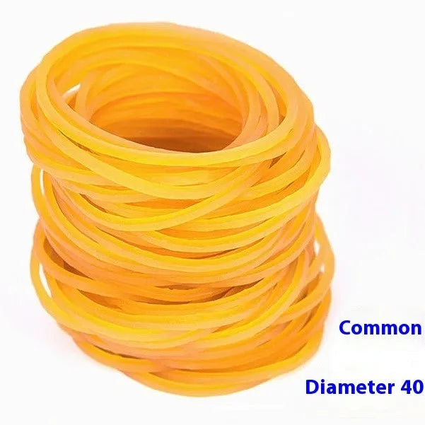 Yellow rubber bands in seven diameters from 16mm to 70mm, 500g pack for bundling and organising