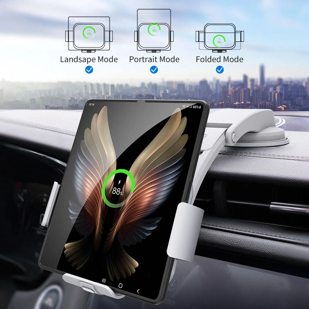 Grey wireless charging vehicle bracket with folding screen showing adjustable angle mechanism and dual mounting options