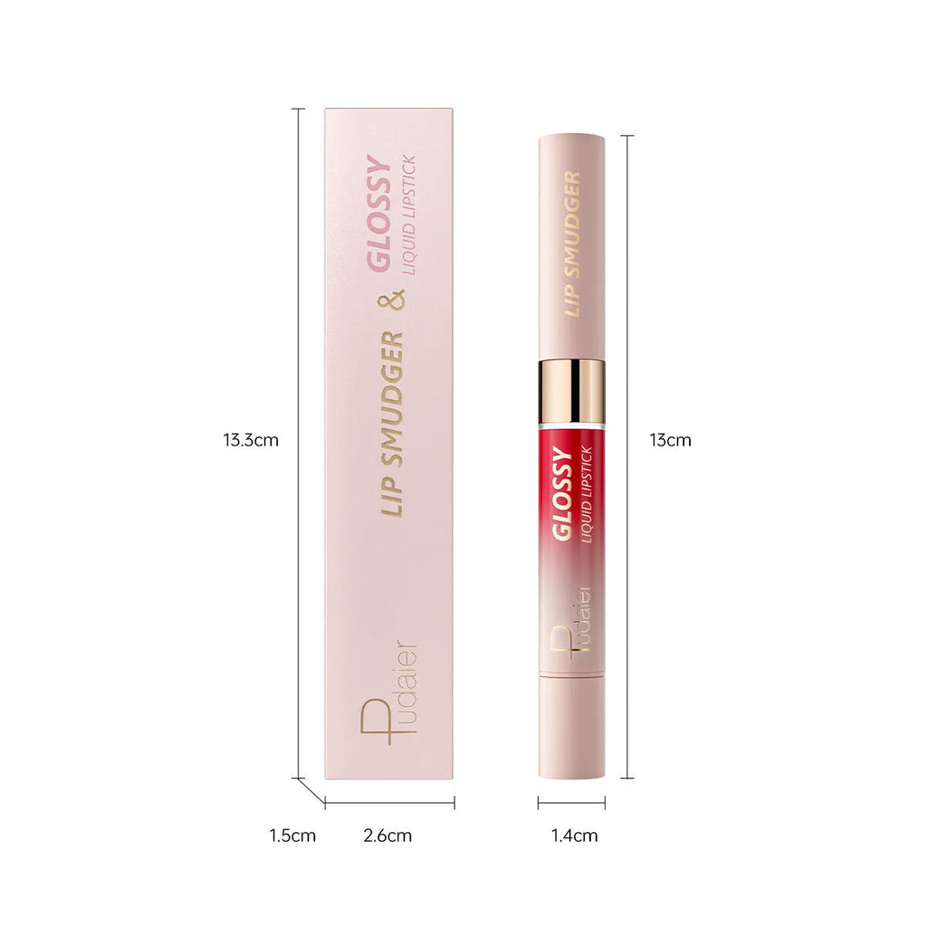 Double-headed lipstick showing matte end and gloss end with 10 colour options numbered 01-10