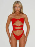 Women's one-piece swimsuit with hollow out design in nylon fabric, available in multiple colours and sizes.