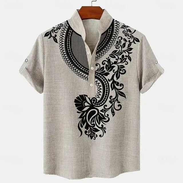 Men's casual linen-style shirt with personalised buttons in striped pattern and loose fit