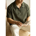 Men's cedar green ice silk short sleeve shirt with loose fit for summer leisure activities