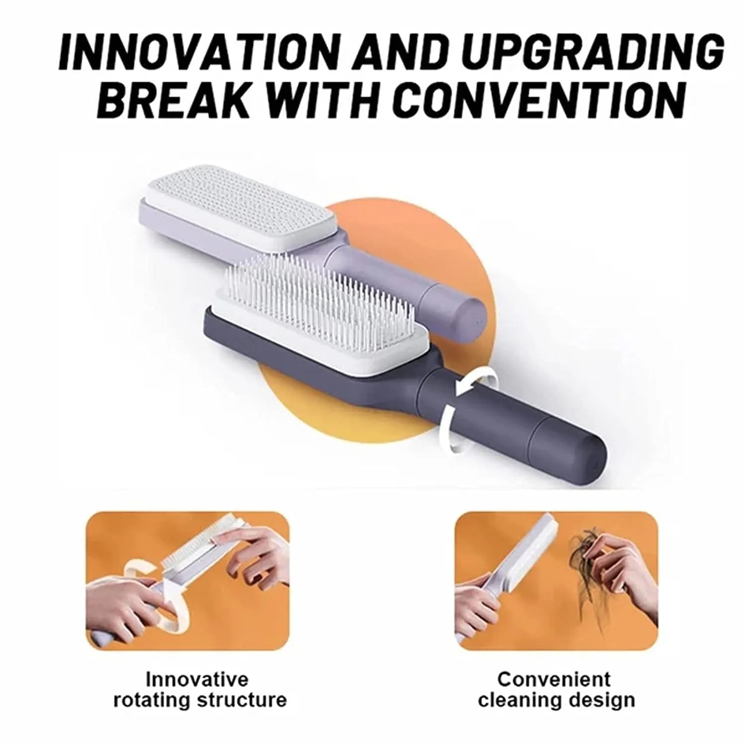 Purple self-cleaning hair brush with telescopic handle showing rotating mechanism and comb teeth