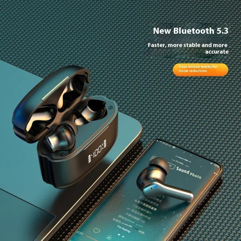 M48 Bluetooth earplug headset with digital display, dual camera, noise reduction and NFC in plastic housing