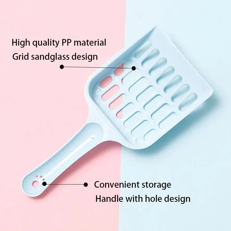 Blue plastic cat litter scoop showing 20cm length and 9cm width dimensions for cleaning litter trays
