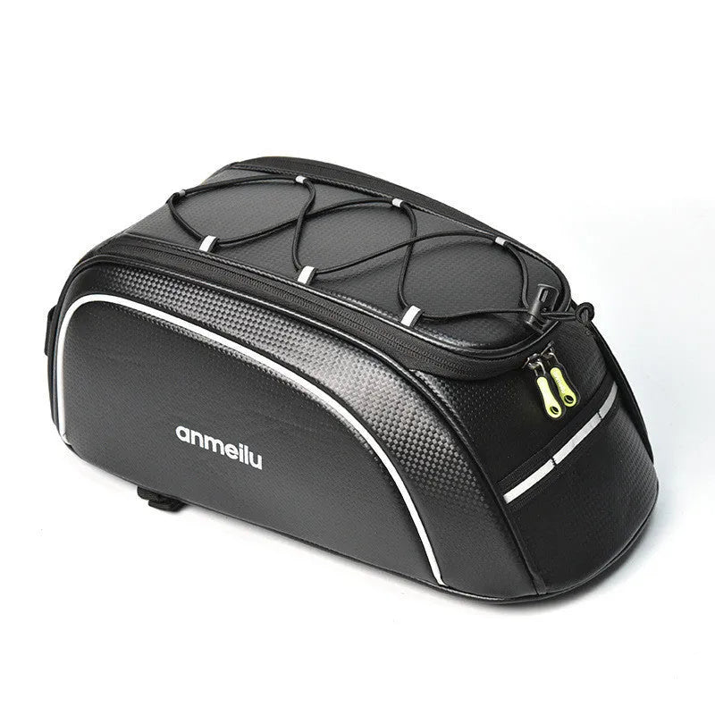 Black waterproof bicycle rear rack bag with 8-litre capacity on bike rack