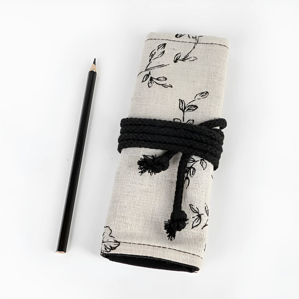 Black Peony printed cotton hemp canvas pencil roll bag showing 24-hole and 72-hole storage options