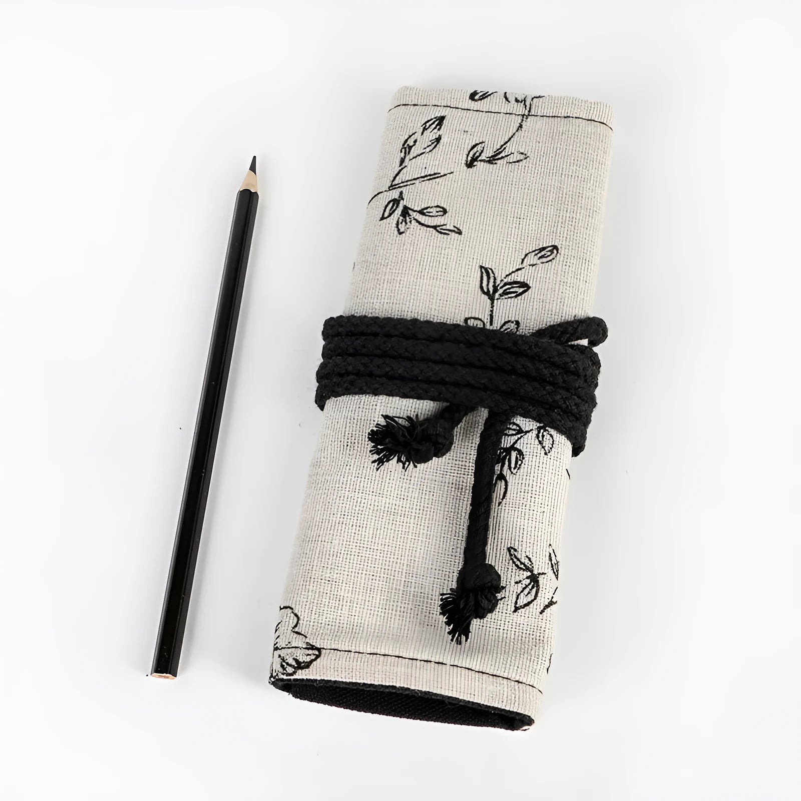 Black Peony printed cotton hemp canvas pencil roll bag showing 24-hole and 72-hole storage options