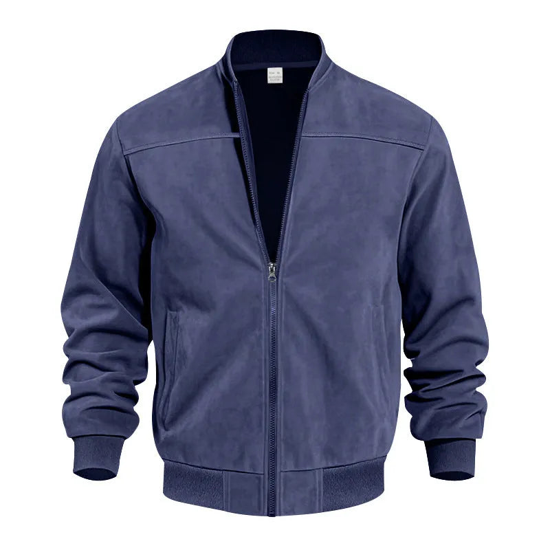 Men's plus size suede jacket in army green with zipper front and regular sleeves
