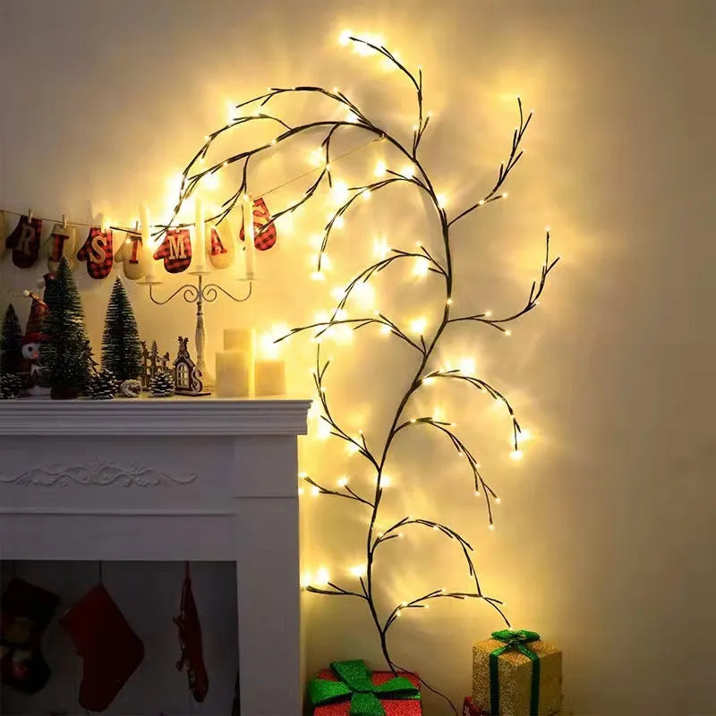 Flexible willow vine Christmas garland lights with white birch bark texture and 144 warm white LEDs