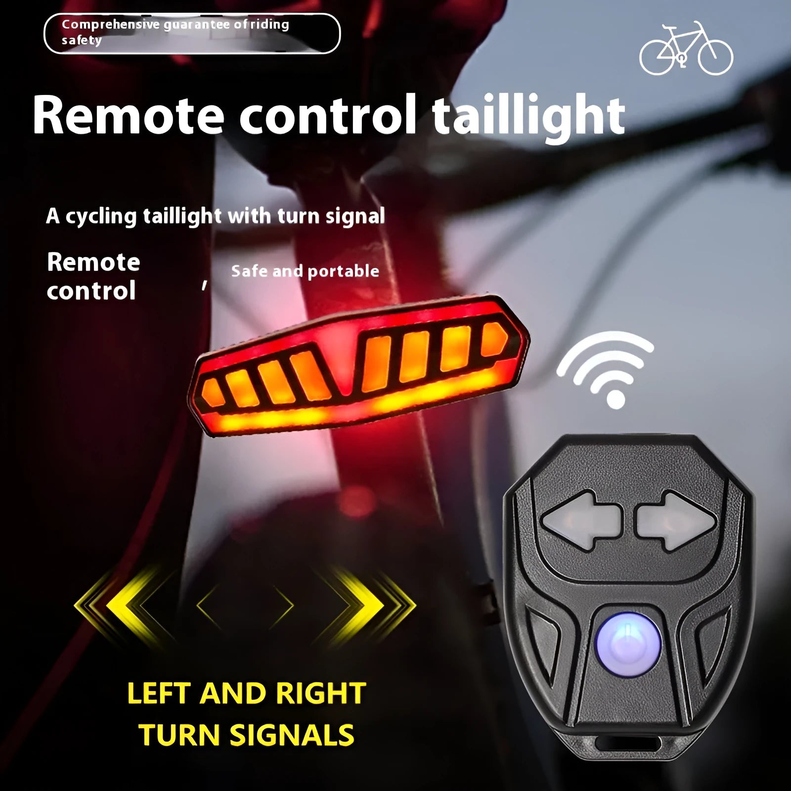 Wireless remote control bicycle taillight showing turn signal functions on a bike seat post