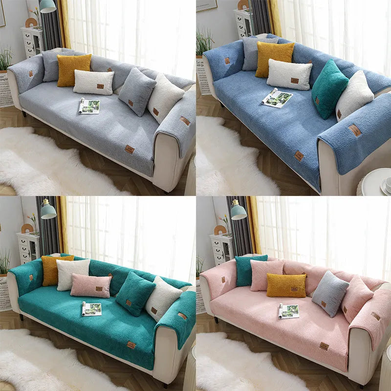 Beige plush sofa cover with anti-slip backing draped over a living room sofa cushion.