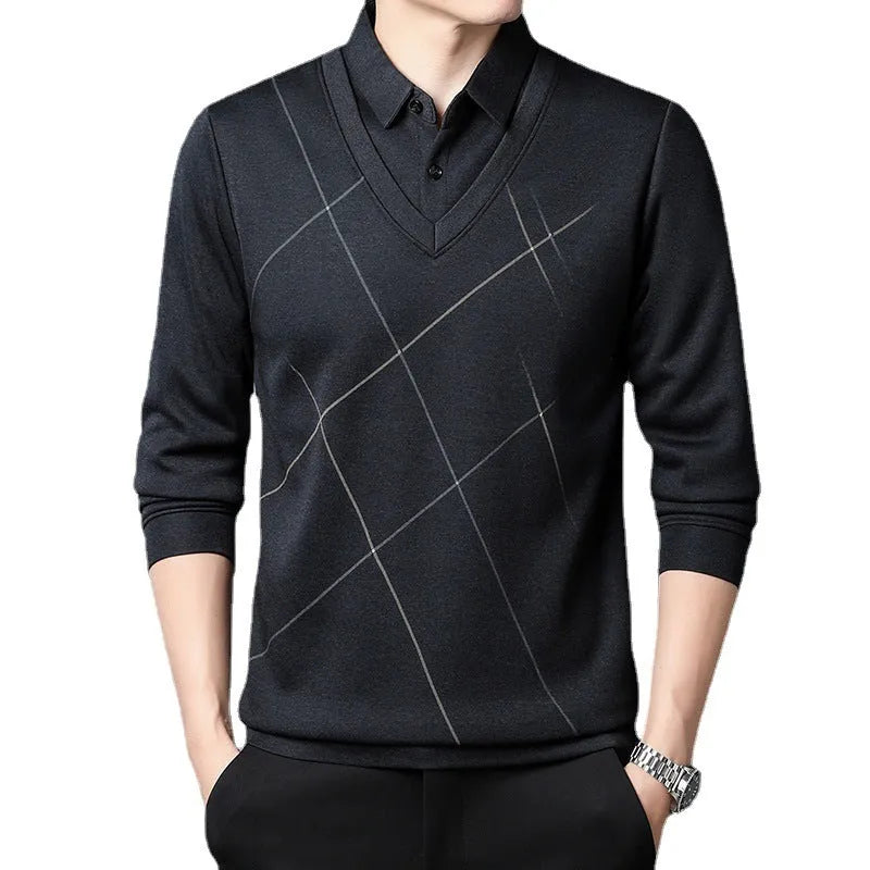 Men's long sleeve fake two-piece plaid t-shirt in grey, magenta blue, or purplish red, sizes M to XXXL