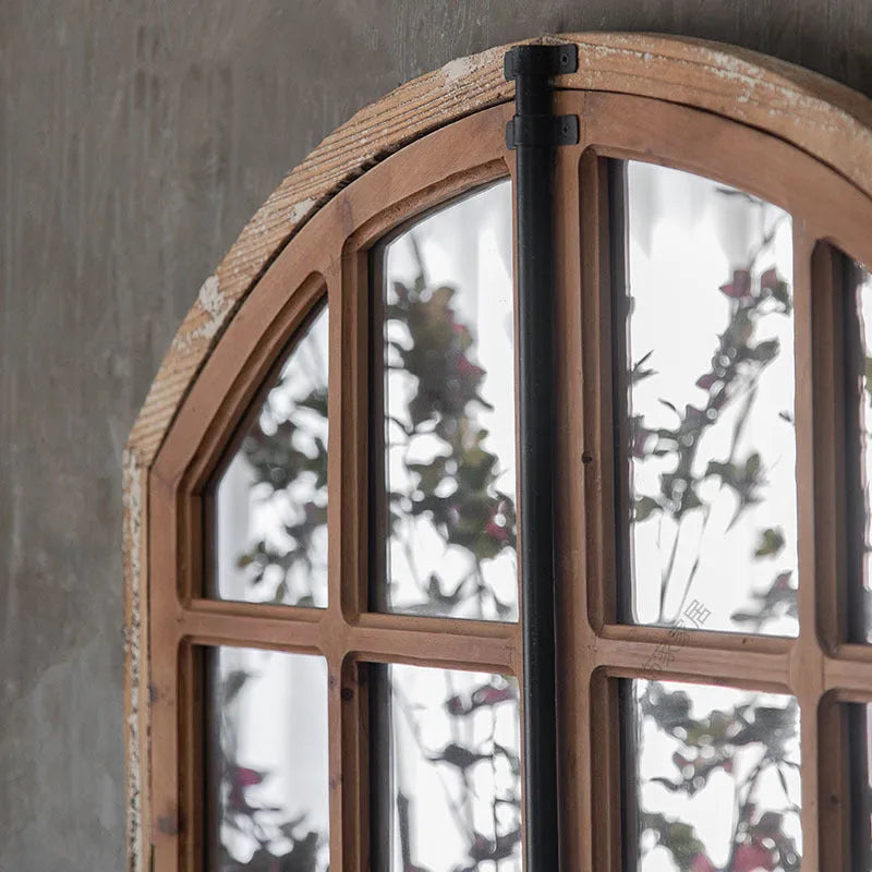 Terrace distressed fake window wall mirror with wooden frame and glass panel in log colour
