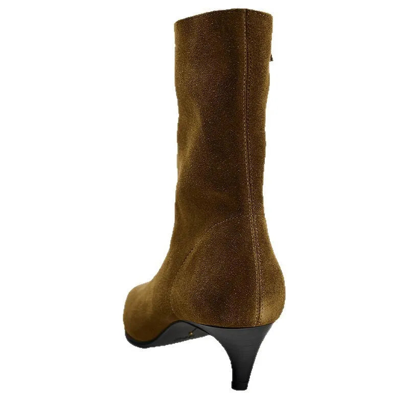 Brown square toe mid-calf boots with side zipper and 3-5cm kitten heel on waterproof platform