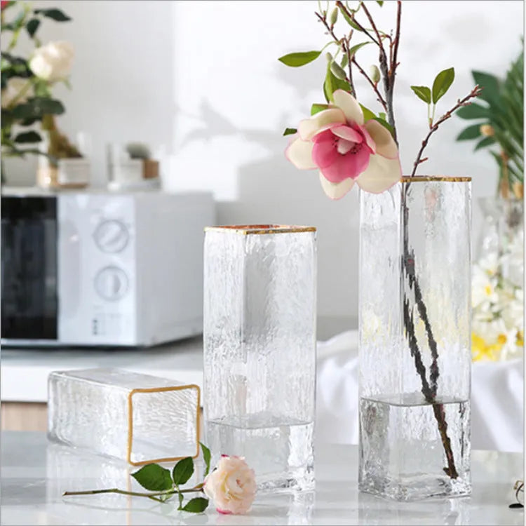 Transparent gold-painted glass vase in 8x20cm, 8x25cm, or 8x30cm for home and wedding decor