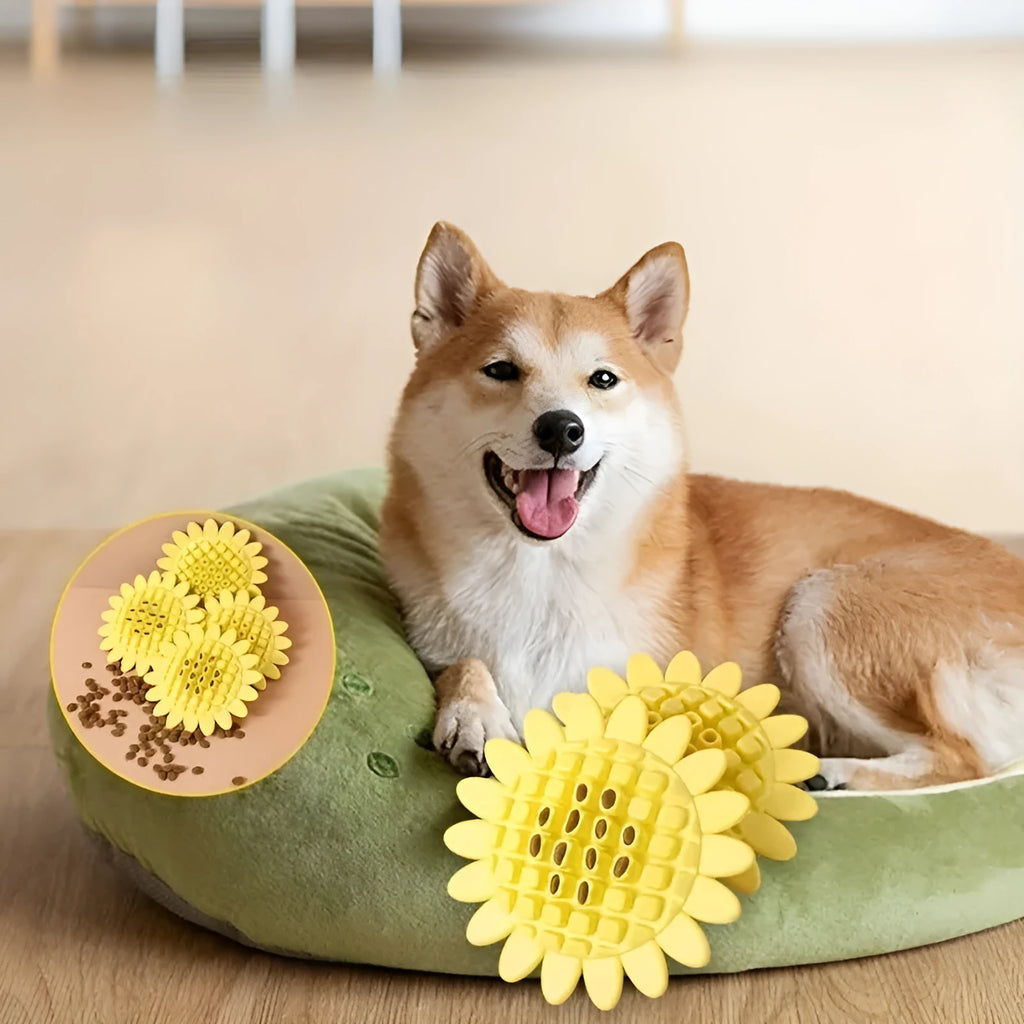 Yellow rubber sunflower-shaped dog chew toy with textured petals.