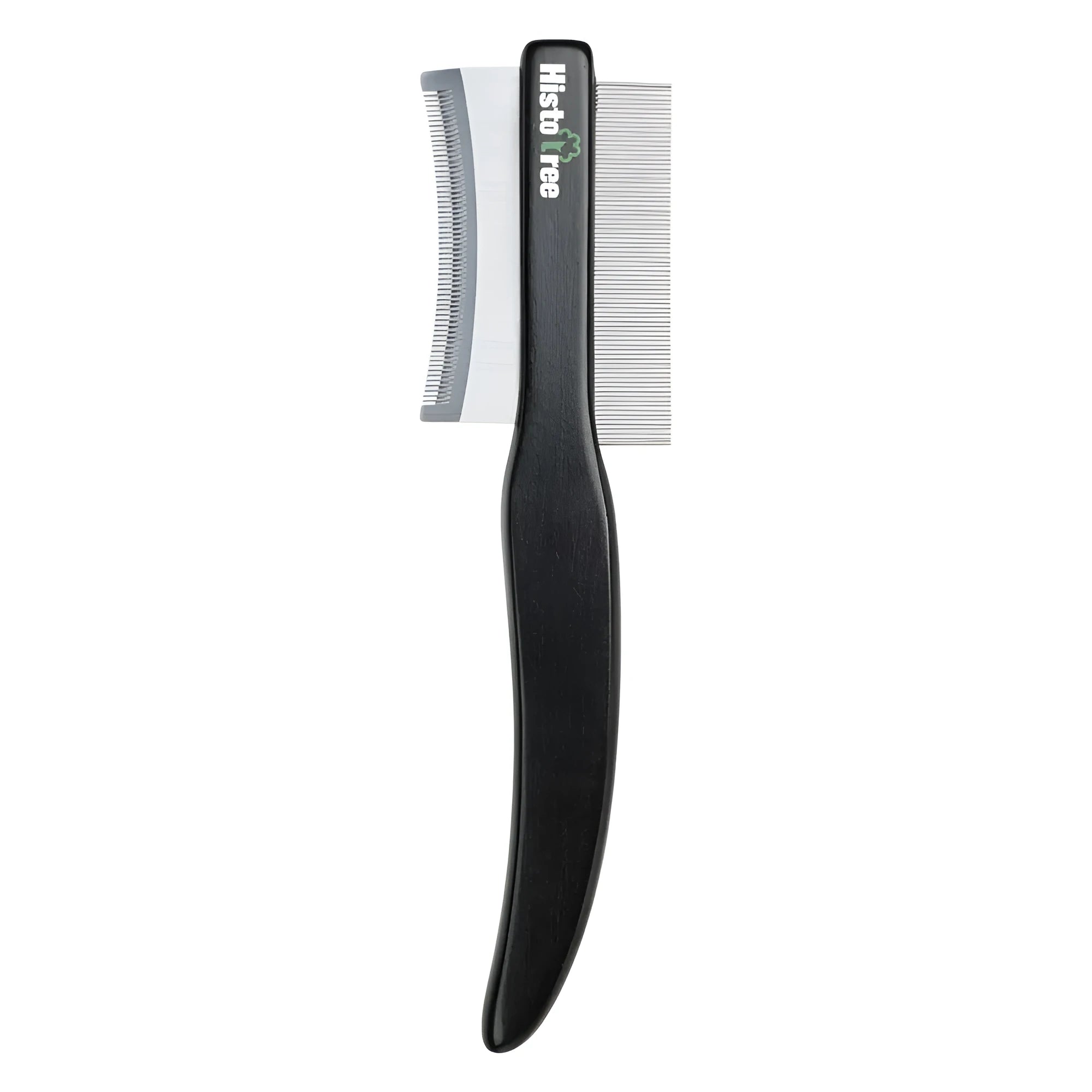 Black double-sided pet grooming comb with wooden handle and stainless steel teeth for cat and dog grooming
