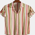 Men's digital printed short sleeved shirt with polyester fabric in summer colours, showing detailed pattern and short sleeve design