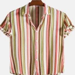 Men's digital printed short sleeved shirt with polyester fabric in summer colours, showing detailed pattern and short sleeve design