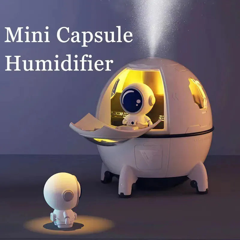 Light purple portable USB desktop humidifier with colourful LED light, 110mm size, on a desk