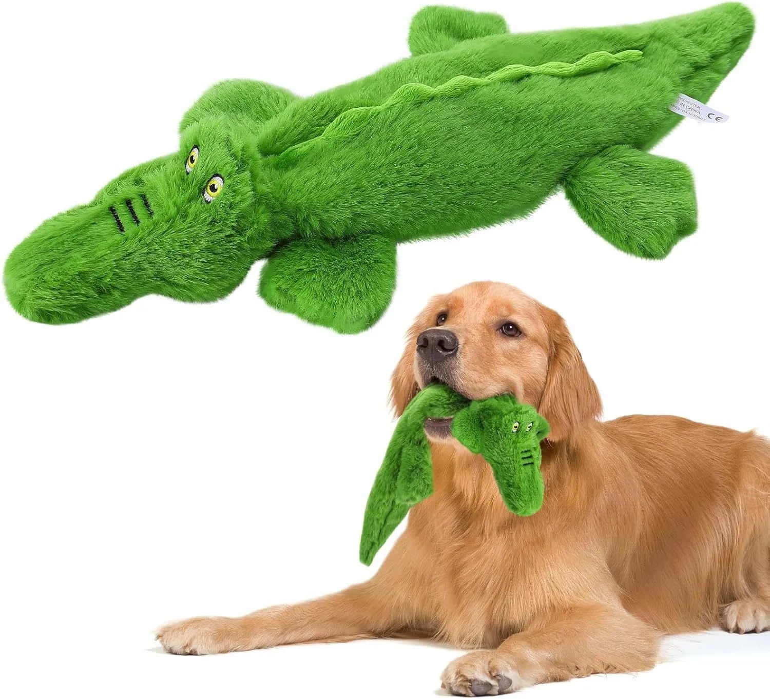 Green crocodile-shaped dog toy with no-stuffing design, measuring 20cm long with squeaker in head and crinkle paper in tail