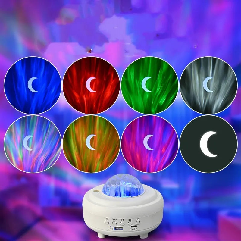 White Galaxy Star Projector on bedside table projecting blue star patterns on wall