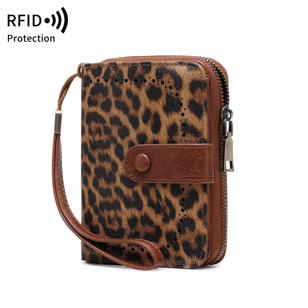 Leopard print retro small wallet with zipper, hollow stitching, and anti-theft card slot in various colour options.
