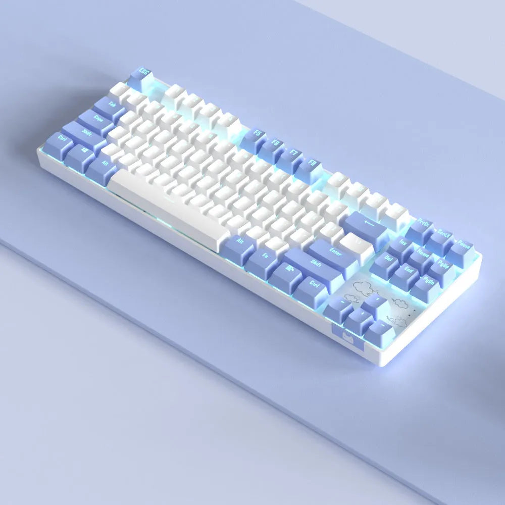 Wireless mechanical keyboard with metal frame in blue-white colour scheme showing backlit keys and USB-C charging port