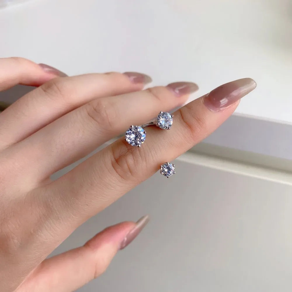 S925 sterling silver open ring with zircon inlay, geometric shape, platinum colour, adjustable opening