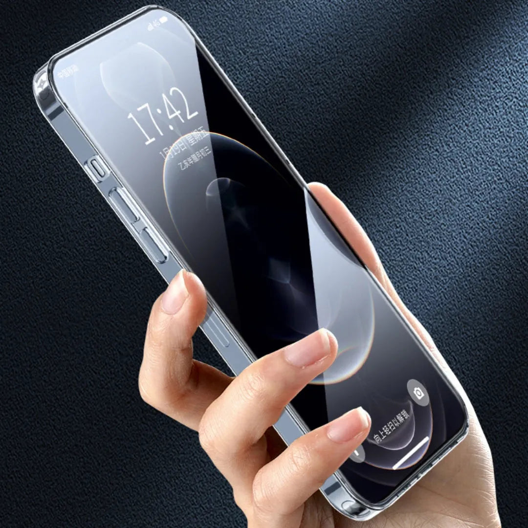 Transparent TPU phone case for iPhone, soft back cover, clear design, compatible with iPhone 11 to 15 and older models.