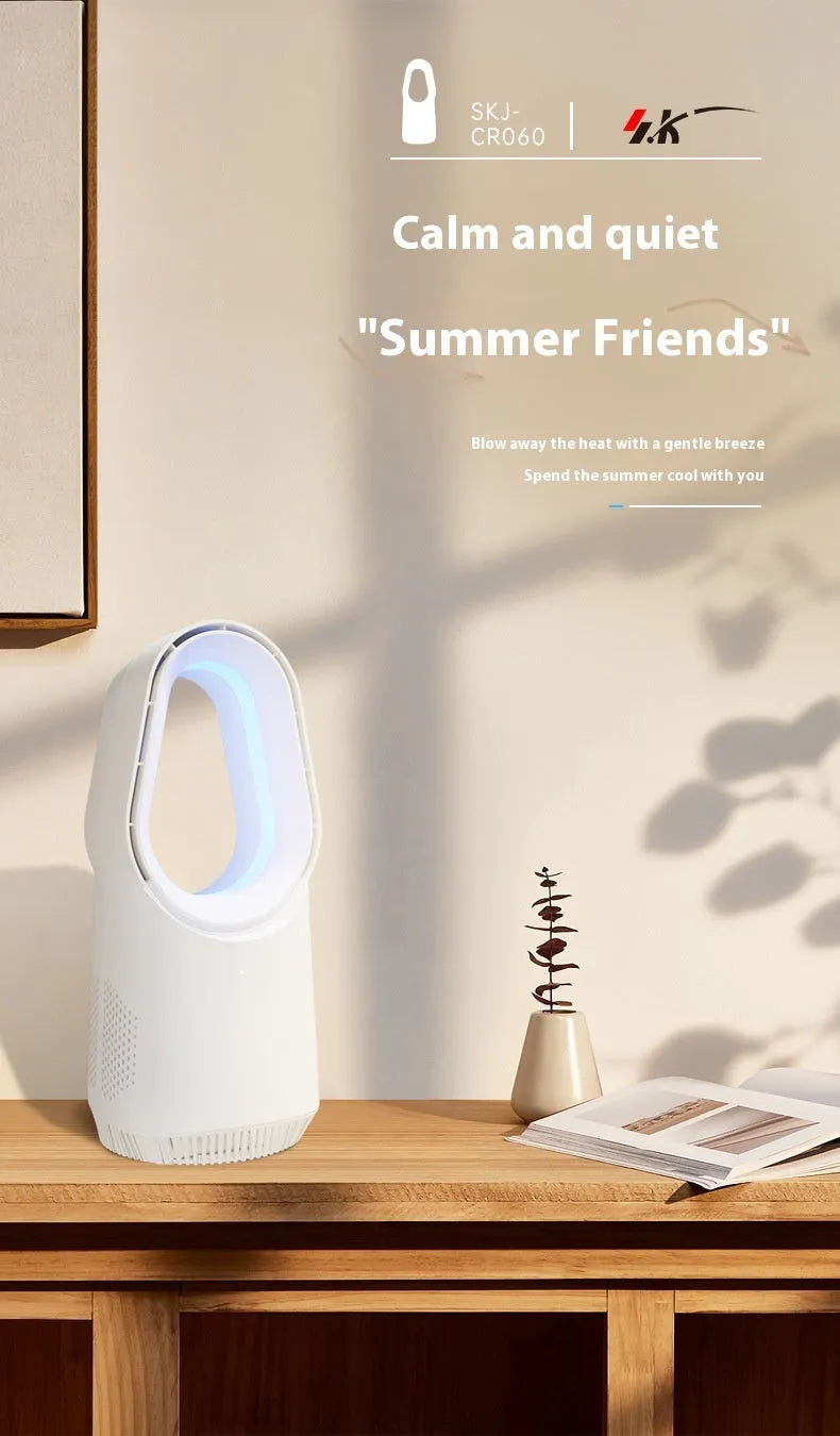 SK Bladeless Fan in white with remote control and touch screen, placed on a desk or floor