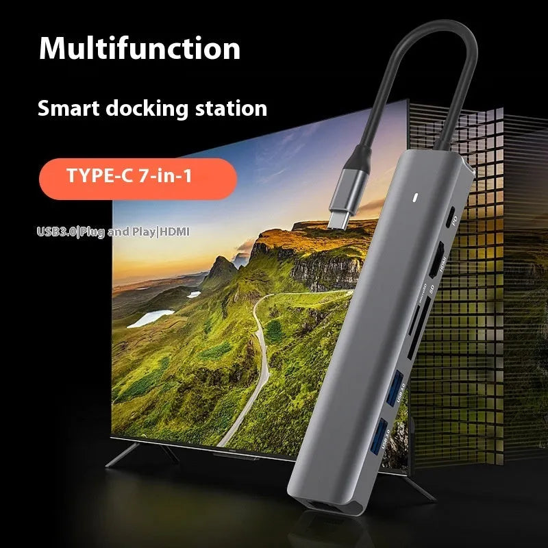 LQT-LH07 7-in-1 card reader PD computer hub with multiple ports including SD, microSD, USB 3.0, and USB-C