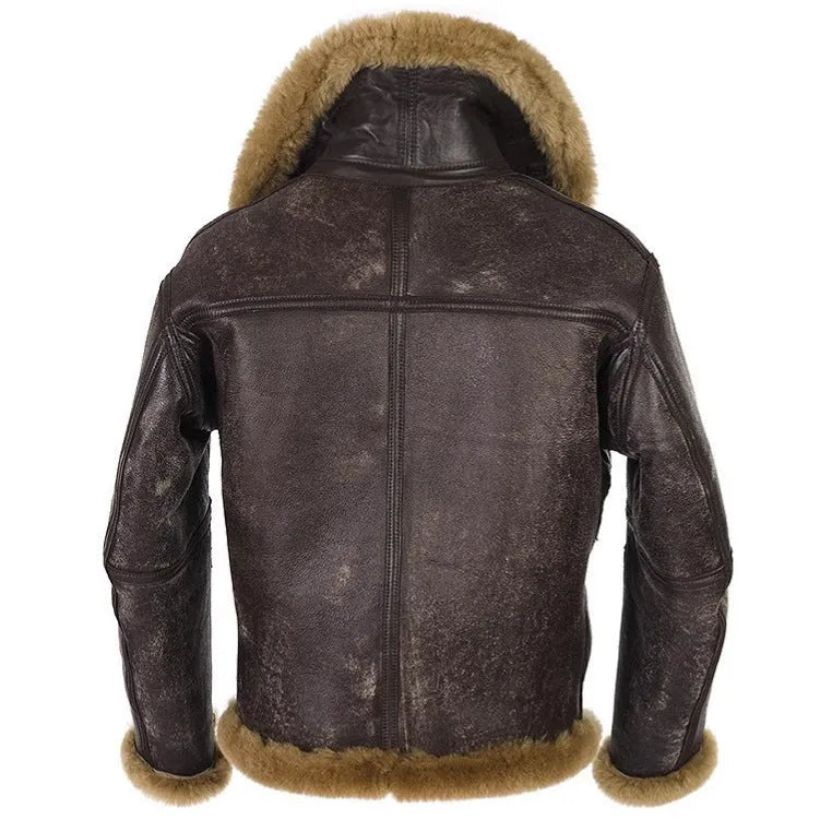 Men's brown retro synthetic leather fur coat with side pockets and straight hem