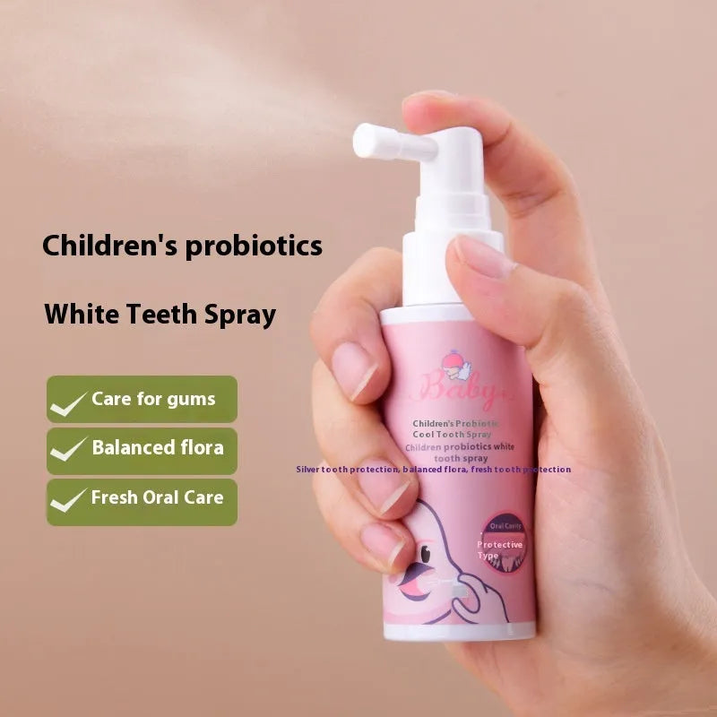 Children's probiotics white teeth cleaning spray bottle with 40ml anticavity formula in strawberry and orange flavour options