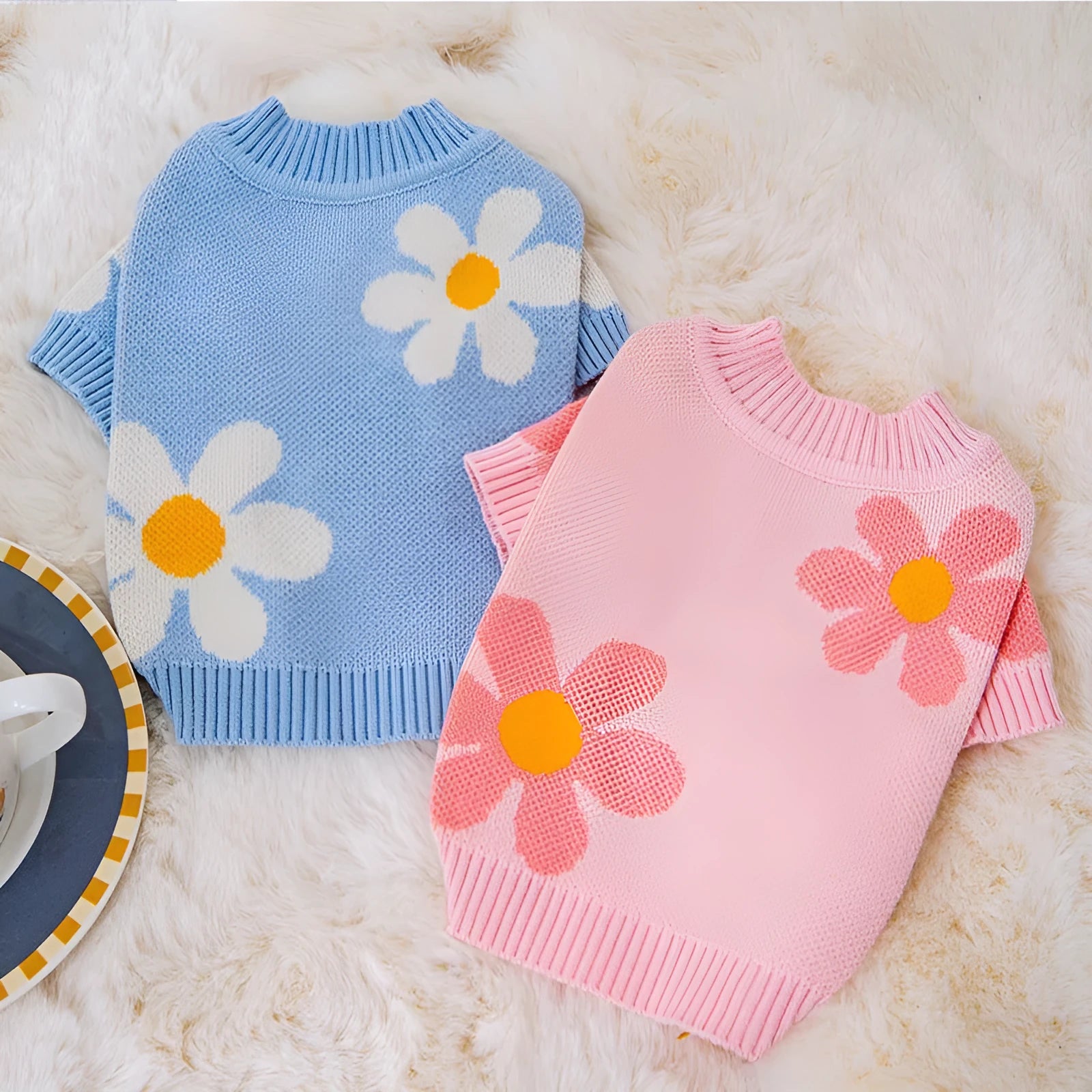 Small dog wearing blue knitted polyester jumper with weight-based sizing for autumn and winter