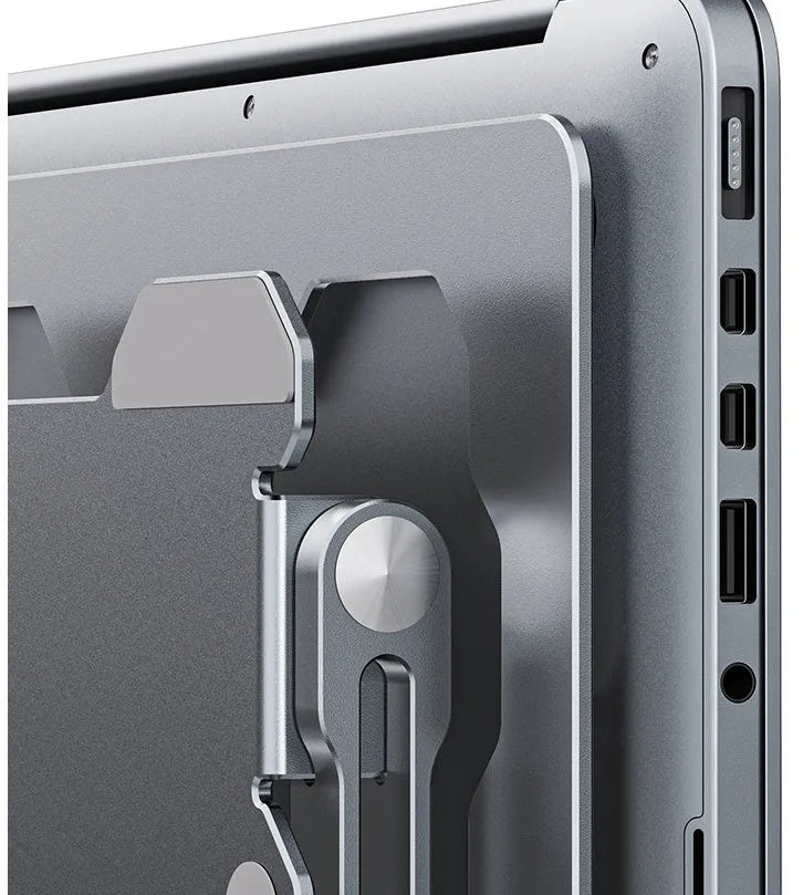 Grey aluminium alloy laptop stand folded flat with adjustable angle and silicone pads