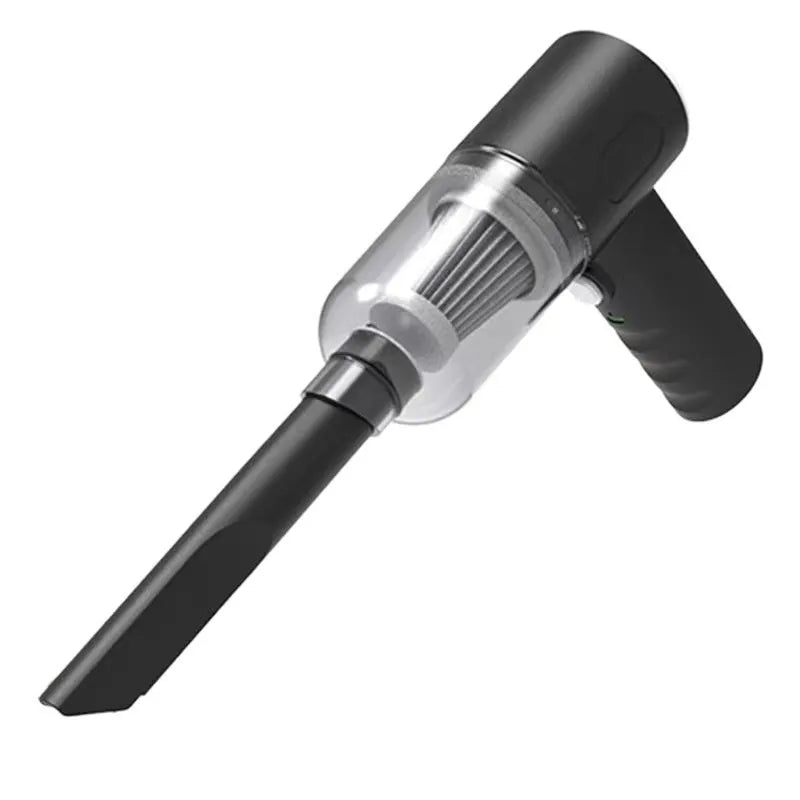 Black handheld portable cordless car vacuum cleaner with USB charging cable.