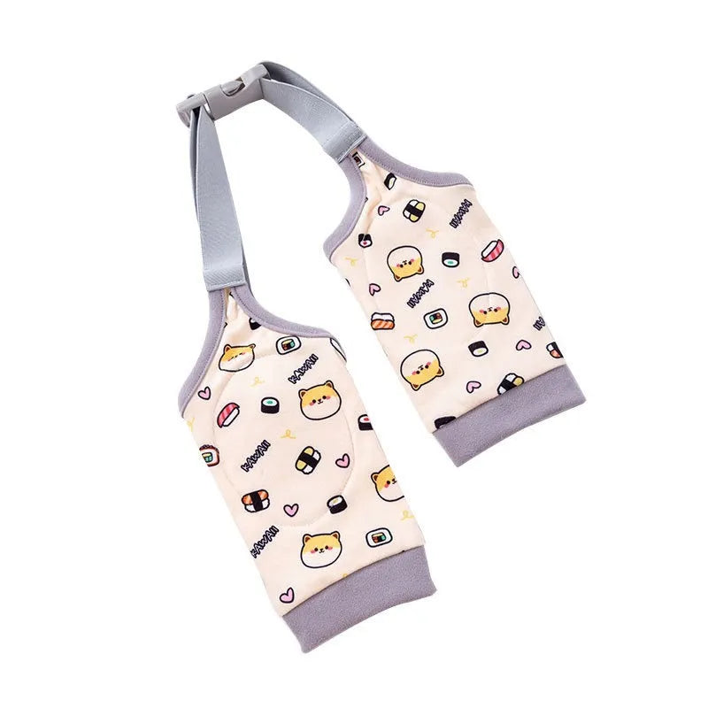 Blue dog knee protector with adjustable buckle and matching scarf on medium-sized dog